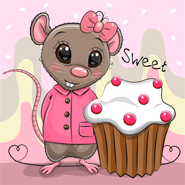 کارت تبریک دختر موش کارتونی ناز با کیک