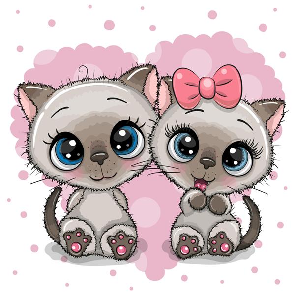 دو بچه گربه کارتونی زیبا روی پس زمینه قلب
