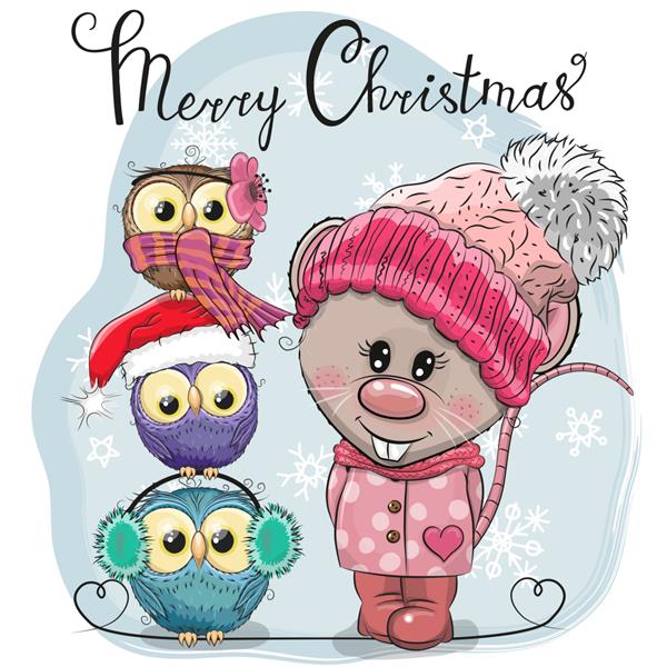 کارت تبریک کریسمس موش کارتونی ناز و سه جغد