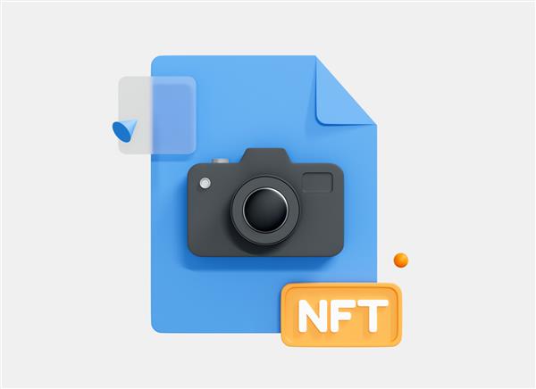 توکن سه بعدی NFT غیر قابل تعویض با دوربین و تصویر دیجیتال فناوری بلاک چین بازار کلکسیون NFT مفهوم هنر رمزنگاری نماد طراحی خلاقانه کارتونی جدا شده در پس زمینه سفید رندر سه بعدی