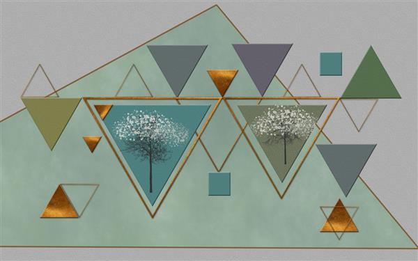 تصویر سه بعدی الگوی هندسی در رنگ های تیره مثلث و قاب مثلثی مربع درخت گلدار