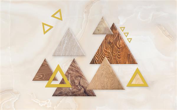 تصویر سه بعدی مثلث های چوبی و قاب های مثلثی روی پس زمینه مرمر بژ