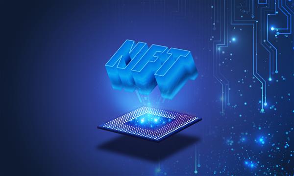 مفهوم توکن های غیرقابل تغییر NFT - کلمه NFT در سطح فناوری انتزاعی در تراشه رندر سه بعدی
