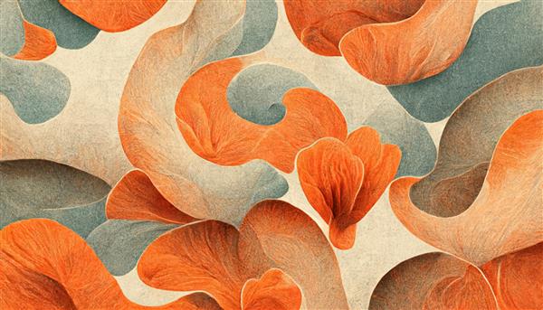 طرح گل‌های مرسوم انتزاعی رنگ نارنجی ظریف کاغذ دیواری با طراحی مدرن برگ ها و گل های رنگارنگ زیورآلات نامتقارن پس زمینه گرافیکی شگفت انگیز تصویر