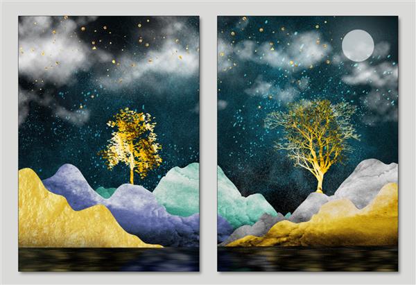 کاغذ دیواری سه بعدی دیواری با پس زمینه رنگارنگ برگ درختان طلایی کوه ماه سفید در آسمان برای بوم به عنوان قاب روی دیوارها استفاده کنید