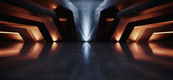 نورهای سفید آبی نارنجی تیره برقی علمی تخیلی راهرو تونل بتنی سیمانی آینده ساز نمایشگاه سفینه فضایی استودیو گاراژ راهرو مثلث تصویر رندر سه بعدی