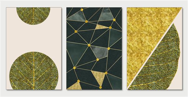 پوستر دیواری بوم مدرن کاغذ دیواری انتزاعی سه بعدی خطوط و برگ های طلایی برای دکوراسیون داخلی