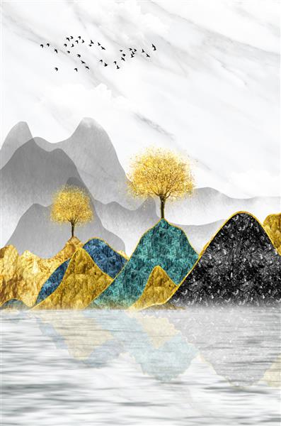 منظره چینی سه بعدی پس زمینه خاکستری درخت طلایی و کوه های رنگارنگ پرندگان و پس زمینه سفید برای چاپ هنری بوم