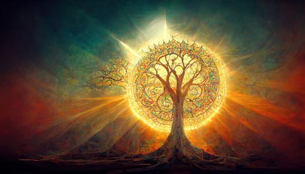 تصویری زیبا از درخت جادویی زندگی نماد مقدس مفهوم فردیت شخصی شکوفایی و رشد تصویرسازی سه بعدی