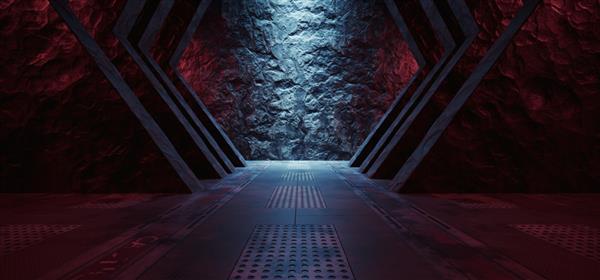 پناهگاه زیرزمینی پناهگاه هسته ای آشیانه گاراژ پانل های فلزی دیوارهای سنگی راهرو تونل تاریک علمی تخیلی سفینه فضایی آینده نگر تصویر رندر سه بعدی