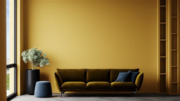 سالن یا اتاق نشیمن فضای سالن بزرگ رنگ های زرد و خردلی دیوارها مبل زیتونی و کوسن های آبی و جزئیات برجسته قفسه های روشن و پس زمینه خالی رندر سه بعدی