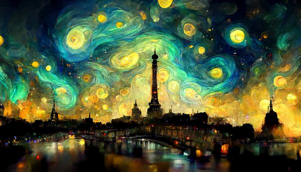 طراحی هنر دیجیتال نورهای شمالی کهکشان بر فراز شهر پاریس نورپردازی سینمایی سبک ون گوگ و کلیمت پس زمینه رنگارنگ سه بعدی
