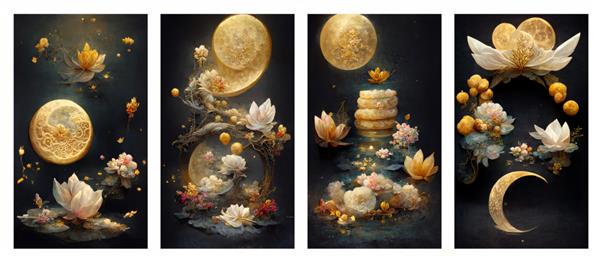ماه طلایی سه بعدی دیده شده از قاب ماه کریستالی فانتزی جشنواره گل های چینی ساده اما ظریف قاب هنر دیجیتال دیوار بوم نقاشی