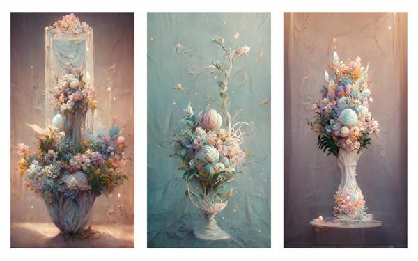 یک دسته گل پاستلی در یک گلدان چینی سفید در مقابل یک نقاشی فانتزی آینه ای زیبا به سبک هنری ایستاده است طراحی هنری دیجیتال سه بعدی