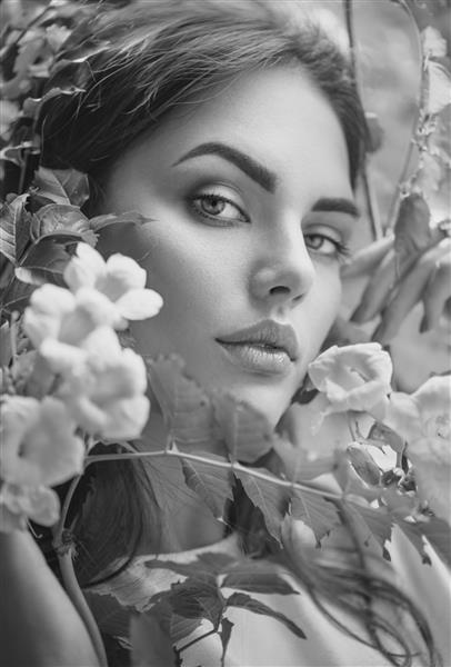 زن جوان زیبا در حال ژست گرفتن در گلهای تاک ترومپت در باغ تابستانی دختر مدل خوشگل با کمپسیس لذت بردن از طبیعت در فضای باز پرتره نزدیک سیاه و سفید