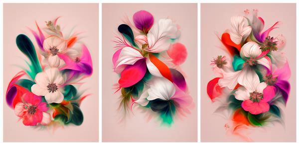گلهای درخشان بهاری مجموعه ای از سه نقاشی آبرنگ چند رنگ در رنگ های روشن دسته گل های سورئال تصویر سه بعدی