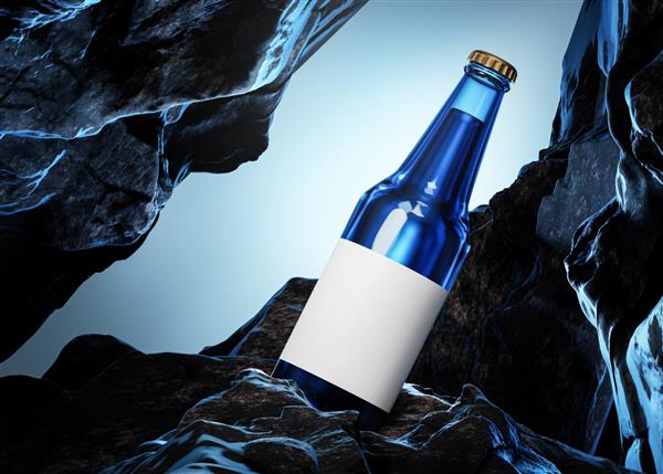 مدل رندر سه بعدی منظره صخره صخره ای لیبل لیبل بطری آبجو آبی
