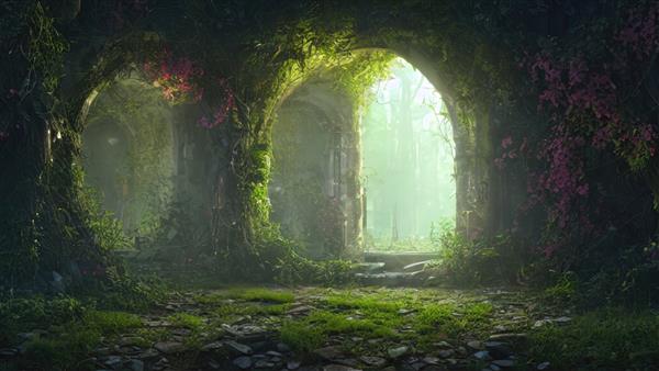 پورتال افسانه ای فانتزی در جنگل نور آفتابی عصر از میان شاخه های درختان پورتال جادویی در یک منطقه جنگلی غروب آفتاب گیاهان خزه و علف در جنگل تصویر سه بعدی
