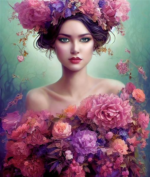 پرتره نزدیک از یک زن جوان قفقازی زیبا با گل در مو و بدنش تصویر سه بعدی