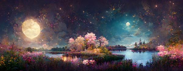 چشم انداز شب محیط برداشت ماه بر روی یک دریاچه پر زرق و برق با پوشش گیاهی سرسبز درختان توس گل ها کهکشان جادویی طراحی سه بعدی هنر دیجیتال