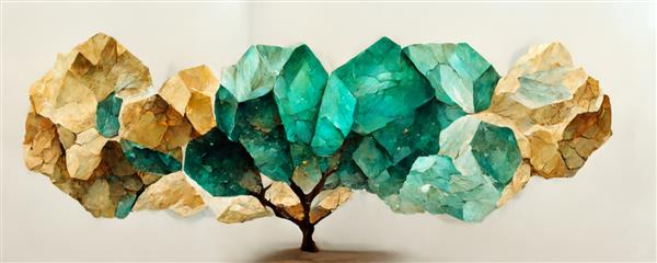 کاغذ دیواری ژئود هنر طراحی مینیمالیستی سه بعدی کاربردی مانند نقاشی ژئود آبرنگ درخت طلایی سبز قهوه ای روشن و فیروزه ای