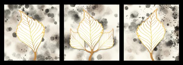پوستر نقاشی دیواری نقاشی برگ های درخت طلایی و سفید سه بعدی به رنگ مشکی و نقطه های پاشش