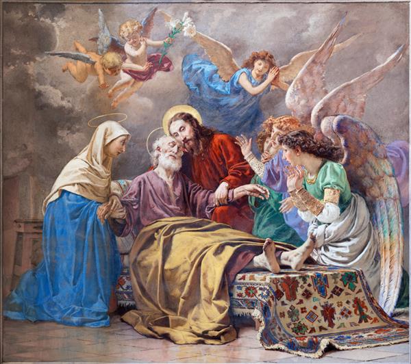 VARALLO ایتالیا - 17 ژوئیه 2022 نقاشی دیواری مرگ سنت جوزف در کلیسای Basilica del Sacro Monte توسط PG Gilardi 1881