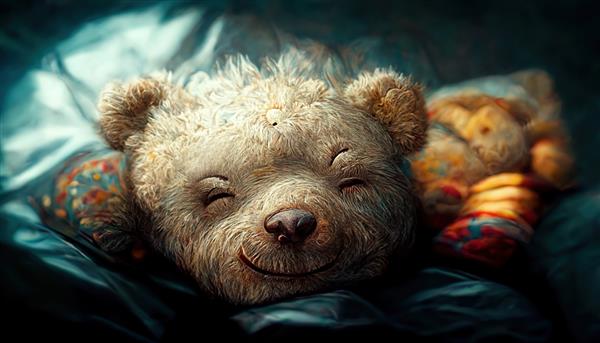 تصویر سه بعدی خرس عروسکی رنگارنگ شاد که در تخت خوابیده است