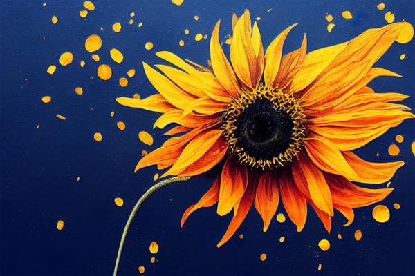 نقاشی گل آفتابگردان با قطره رنگ در پس زمینه آبی افکت باد