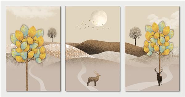 تصویرسازی پوستر دیواری دکور هنرهای منظره درختان رنگارنگ با برگ های فیروزه ای و طلایی کوه های قهوه ای در پس زمینه سه بعدی روشن با پرندگان و ماه