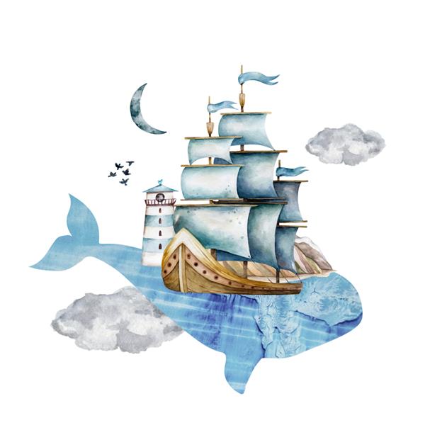 نهنگ در ابرها با ماه تصویر آبرنگ کشتی در جزیره گرمسیری در پس‌زمینه سفید درختان نخل و مرغ دریایی و یک بالون هوای گرم آسمان شب