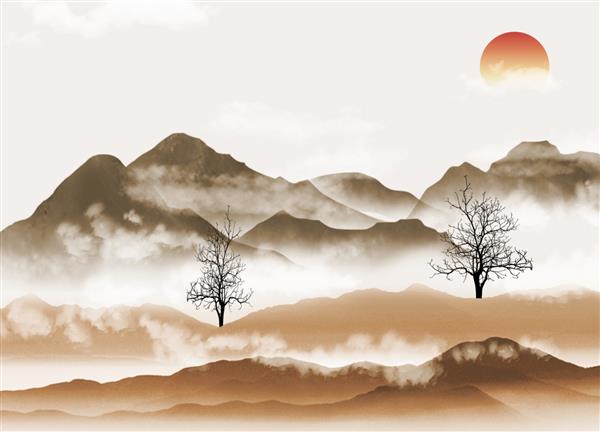 کاغذ دیواری نقاشی دیواری منظره چینی سه بعدی درختان سیاه و کوه های قهوه ای با غروب خورشید
