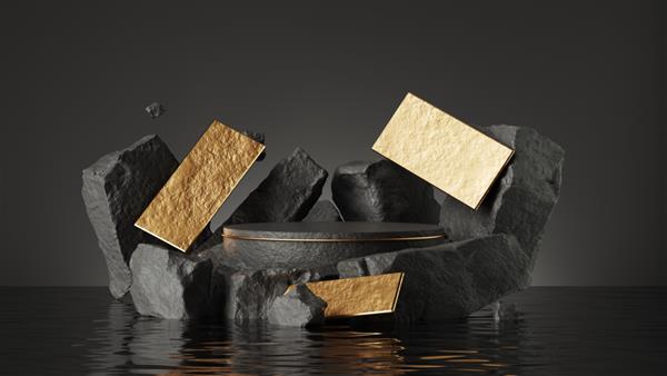 رندر سه‌بعدی پس‌زمینه انتزاعی با سکوی خالی اشکال هندسی طلایی ویرانه‌های سنگ‌فرش سنگ‌های سیاه در آب با بازتاب‌ها صحنه ویترین آینده نگرانه برای ارائه محصول