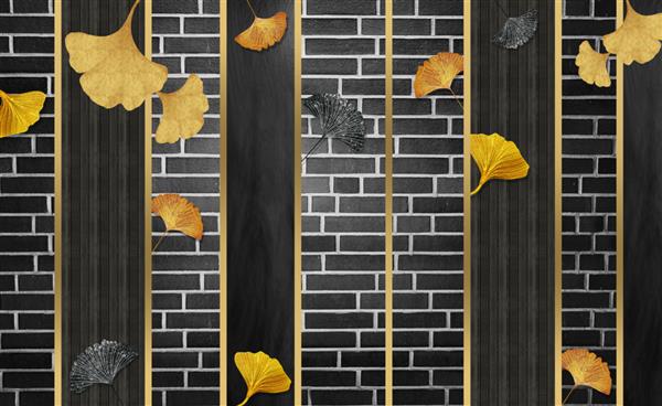کاغذ دیواری سه بعدی هنر سیاه خطوط طلایی چوب سیاه و برگ های طلایی جینکو دکور دیوار داخلی