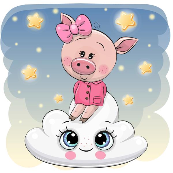 خوک کارتونی ناز روی ابر نشسته است