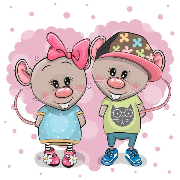 دو موش کارتونی زیبا روی پس‌زمینه قلب