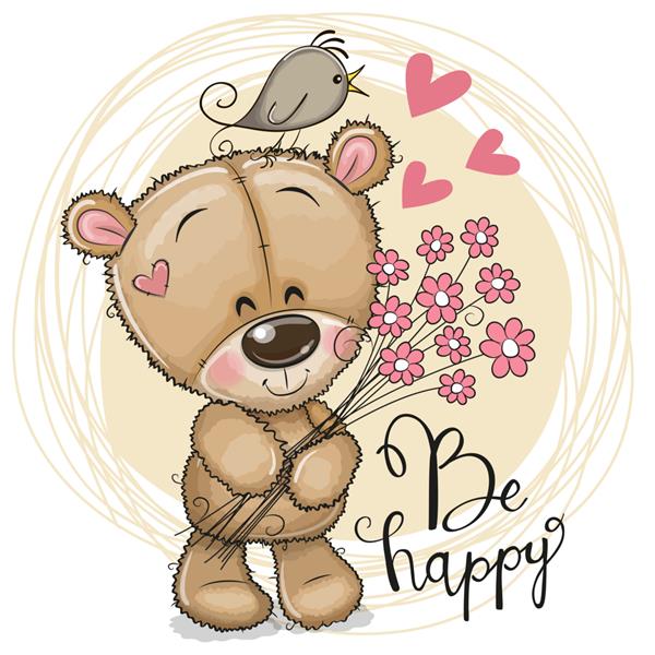 کارت پستال خرس عروسکی کارتونی زیبا با گل