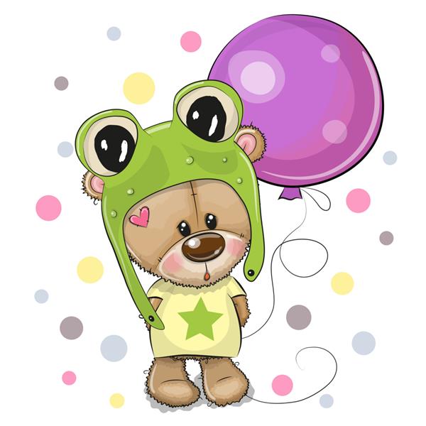 کارت تبریک کارتونی زیبا خرس عروسکی در کلاه قورباغه ای با بادکنک
