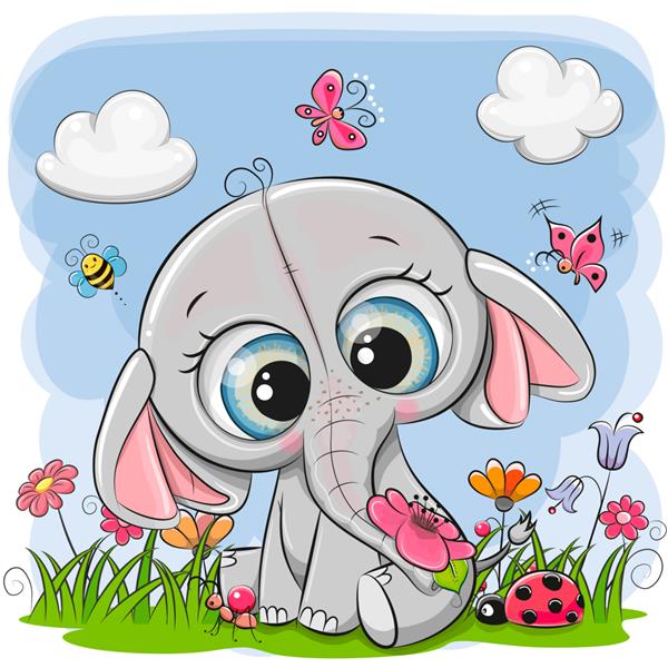 فیل کارتونی ناز در یک چمنزار با گل و پروانه