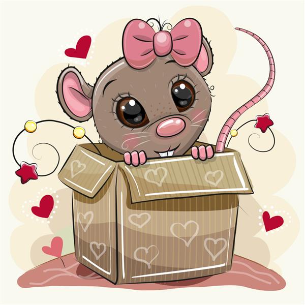 کارت تبریک با یک دختر موش کارتونی ناز و یک جعبه