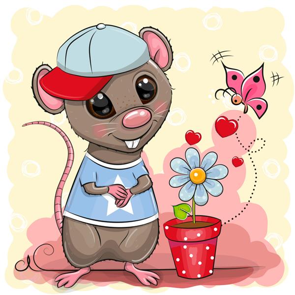 کارت تبریک کارتونی زیبا پسر موش با گل