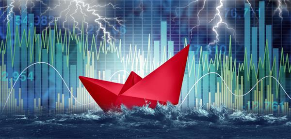 ریسک مالی و خطر سرمایه گذاری به عنوان بحران آشفتگی بازار سهام و طوفان اقتصادی به عنوان نماد قایق کاغذی قرمز برای مدیریت ثروت و امنیت مالی در سبک تصویرسازی سه بعدی