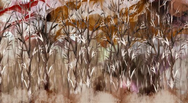 کاغذ دیواری سه بعدی نقاشی دیواری درختان با رنگ قهوه ای روشن و اشکال موج دار