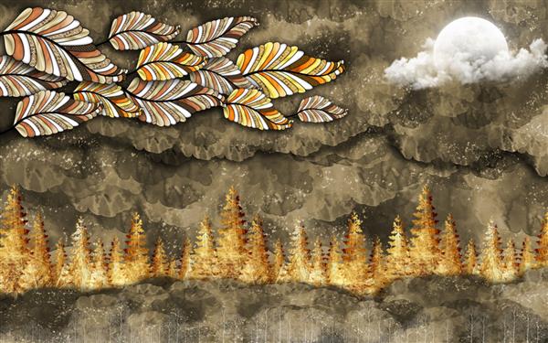 کاغذ دیواری دیواری سه بعدی هنر مدرن با جنگل قهوه ای تیره درخت کریسمس طلایی جنگلی کوه ها برگ های رنگارنگ و ماه با ابرهای سفید برای استفاده به عنوان قاب روی دیوارها