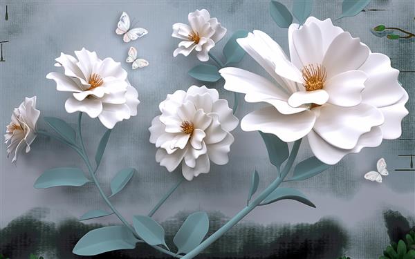 طرح کاغذ دیواری سه بعدی با پس زمینه بافت گل های سفید با شاخه ها و برگ های آبی