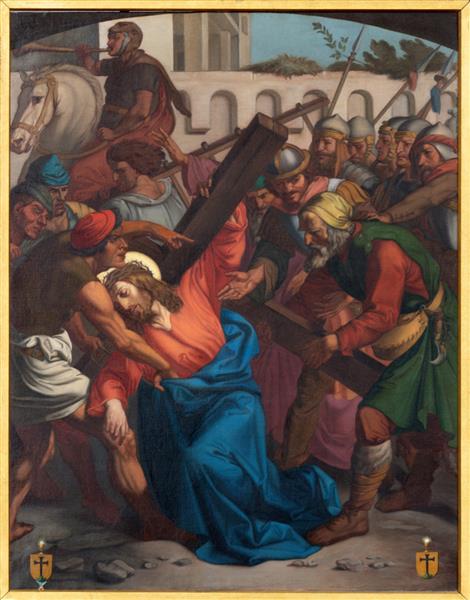 لوزرن سوئیس - 24 ژوئن 2022 نقاشی سیمون سیرنه به عیسی کمک می کند تا صلیب را به عنوان بخشی از ایستگاه های Cross way در کلیسای Franziskanerkirche از قرن 19 حمل کند