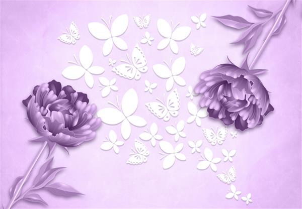 گل های بنفش با کاغذ دیواری پروانه ای سفید سه بعدی