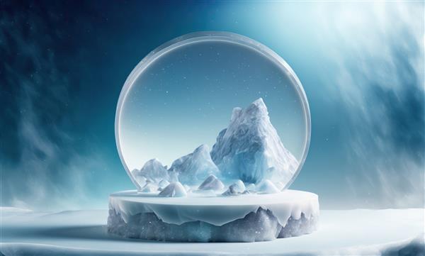 یک پایه یخی یخی برای نمایش محصولات کوهنوردی ویترین زمستانی با دانه های برف تصویرسازی سه بعدی