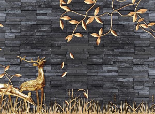 کاغذ دیواری سه بعدی پس زمینه آجر با برگ های طلایی و گوزن برای دکوراسیون منزل