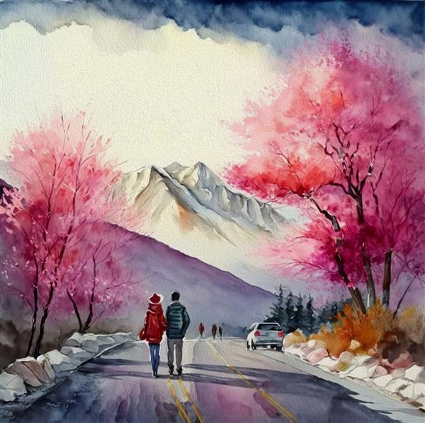 نقاشی منظره آبرنگ قرمز رنگ صورتی اصلی گیلاس هیمالیا و عاشق زن پسر صبح در جاده با پس زمینه ابر آسمان کوه نقاشی دستی طبیعت زیبایی زمستان